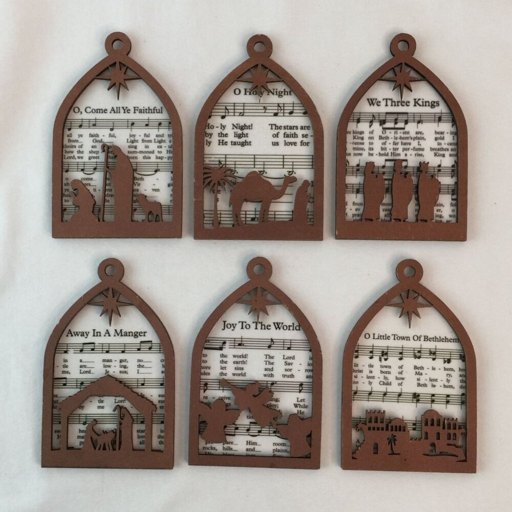 Wood‎ Laser Cut Nativity Christmas Ornament w/Carol Music 4" Set of 6 Lot #2